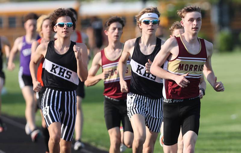 Morris' Matt Clark leads the 3200 meter run Friday, May 13, 2022, during the Interstate 8 Conference Championship meet at Sycamore High School. Clark would go on to win the event.