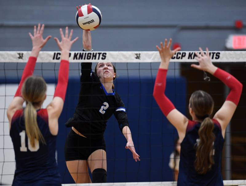 Burlington Central’s Haidyn Schatz spikes the ball during the Class 3A IC Catholic Prep girls volleyball sectional final against St. Viator on Thursday, Nov. 6, 2025 in Elmhurst.