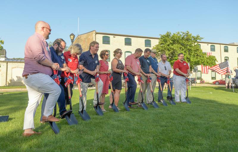 The Fox Valley Patriotic Organization and the Batavia Flag Day Committee break ground for the new Flag Day Monument in Batavia on Tuesday, June 14, 2022.