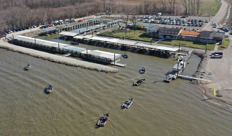 Boats put into the harbor during the annual Masters Walleye Circuit tournament on Friday, March 20, 2026 at the Spring Valley Boat Club.