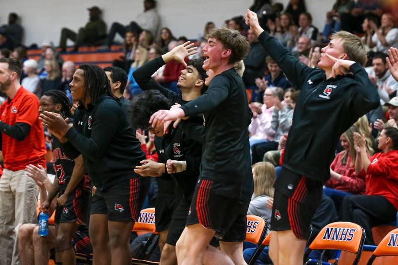 Yorkville's bench reacts after a score during their Class 4A Naperville North Regional final basketball game between Yorkville at Downers Grove South, Feb 27, 2026 in Naperville.