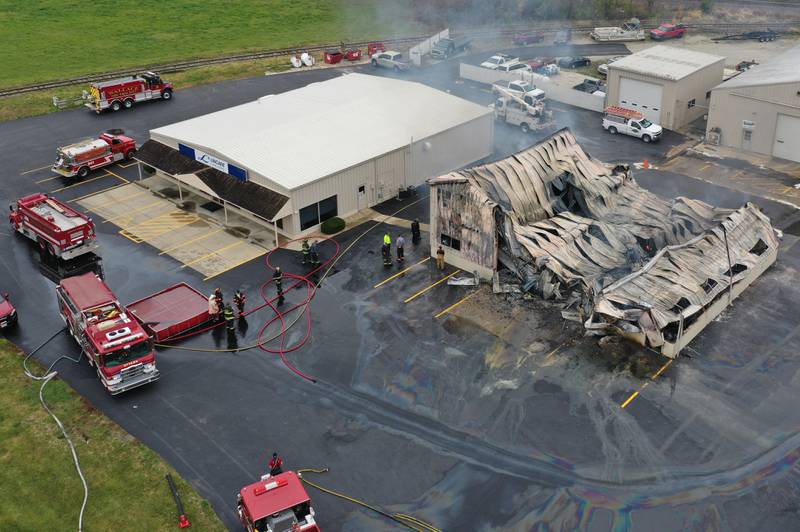 An aerial view of a fire at Conroy's Automotive and 24 Hour Towing building on Wednesday, Nov. 6, 2024 in Ottawa. Fire departments from Wallace, Grand Ridge, Senera, Seneca, Utica and Peru all responded to the blaze.