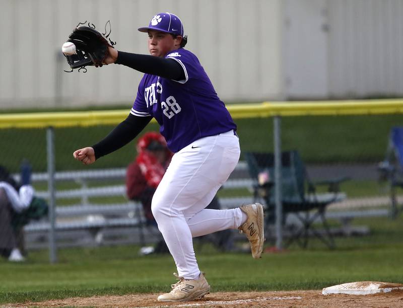Hampshire's Logan Nawrocki fields a throw to third during a Fox Valley Conference baseball game against Crystal Lake South on Monday, April 29, 2026, at Crystal Lake South High School.