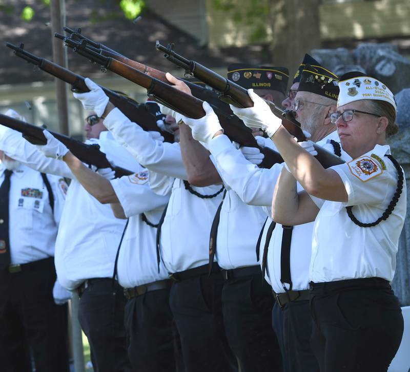 Oregon VFW members fire their rifles during the gun salute at Oregon's Memorial Day Service on Monday, May 25, 2026 at the Riverside Cemetery.