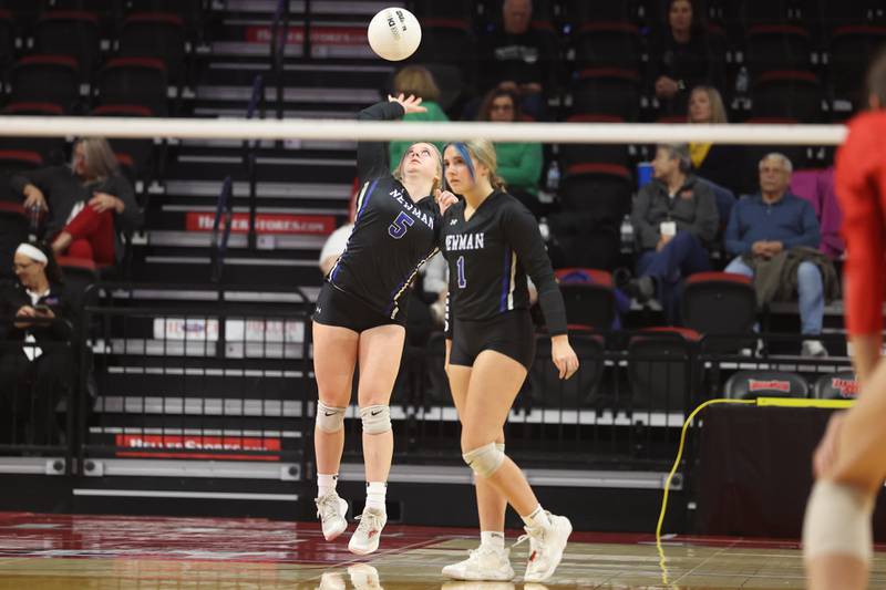 Newman’s Molly Olson serves the ball against Norris City-Omaha-Enfield in the Class 1A 3rd place match on Saturday in Normal.