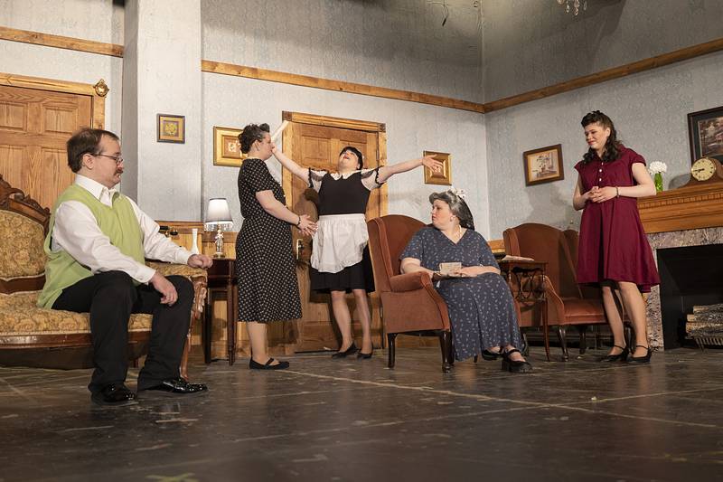 Cast members for Polo Area Community Theatre’s rendition of Agatha Christie’s “A Murder is Announced” rehearse Wednesday, Feb. 11, 2026.