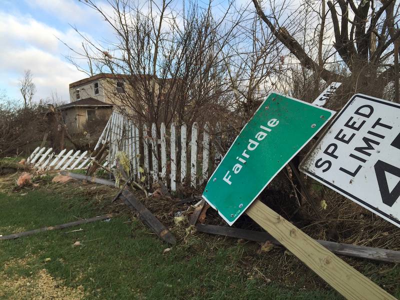 Tornado damage is seen in Fairdale on Friday, April 10, 2015.