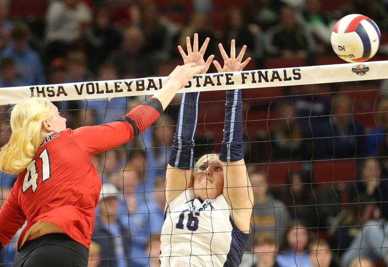 Calhoun's Audrey Gilman sends the ball past Cissna Park's Faith Kaeb during the Class 1A State semifinal game on Friday, Nov. 15, 2024 at CEFCU Arena in Normal.