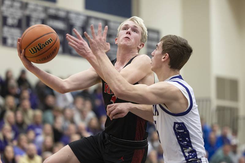 Fulton’s Trevor Tiesman puts up a shot against Pecatonica’s Cooper Hoffman during a class 1A sectional semifinal Wednesday, Feb. 28, 2024 at River Ridge High School.