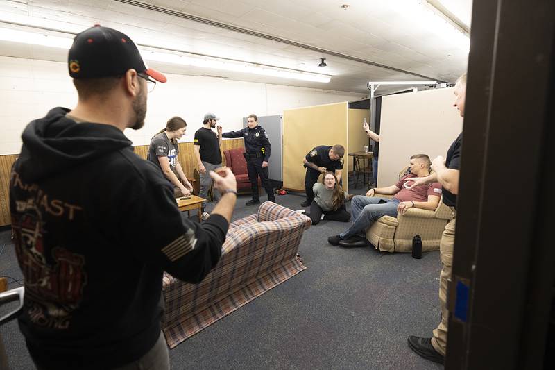Sauk Valley Police Academy cadets respond to a scene of a fight in progress during training Tuesday, Feb. 17, 2026, at Sauk Valley Community College.