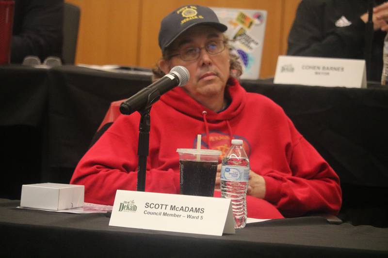 DeKalb 5th Ward Alderman Scott McAdams sits in on the March 11, 2024 meeting of the DeKalb City Council.