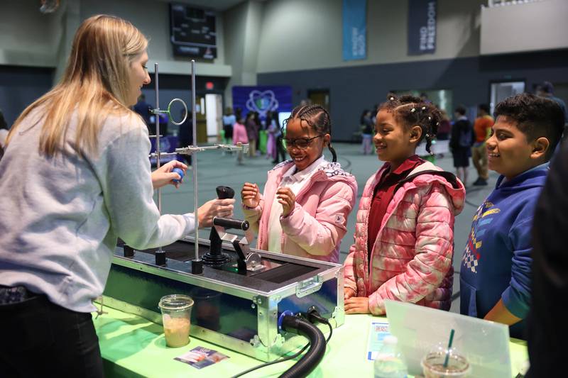 Kankakee third-grade students learn about the Coandă effect during the Impossible Science event at the Kankakee First Church of the Nazarene on May 5, 2026.