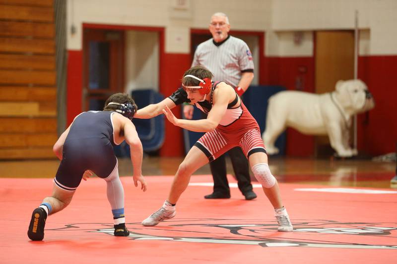Streator's Garritt Benstine wrestles Lisle's Alexander Ferari during a meet on Wednesday, Jan. 21, 2025 in Pops Dale Gymnasium at Streator High School.
