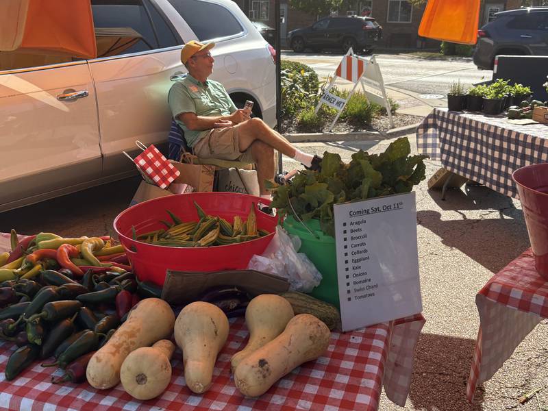 Mike Riggins staffs his booth at the Huntley Farmers Market Oct. 4, 2025.
