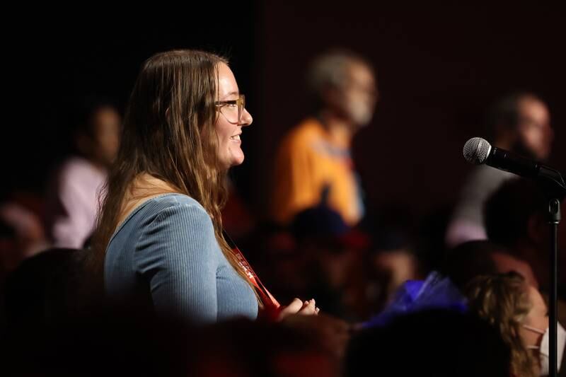 Jackie Rogers, of Bolingbrook, asks a question for actor Zackary Levi, from the show Chuck and the Shazam movie, at C2E2 Chicago Comic & Entertainment Expo on Friday, March 31, 2023 at McCormick Place in Chicago.