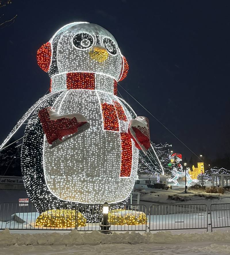 The Village of New Lenox unveiled Floyd the penguin as the newest feature of its free Christmas in the Commons light display. Floyd is a 36-foot-tall illuminated penguin adorned with 38,186 LED lights, the largest of its kind in the United States, the village said.