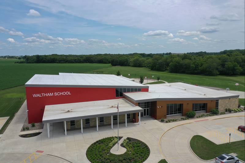 An aerial view of Waltham School on Tuesday, July 18, 2023 in Utica.