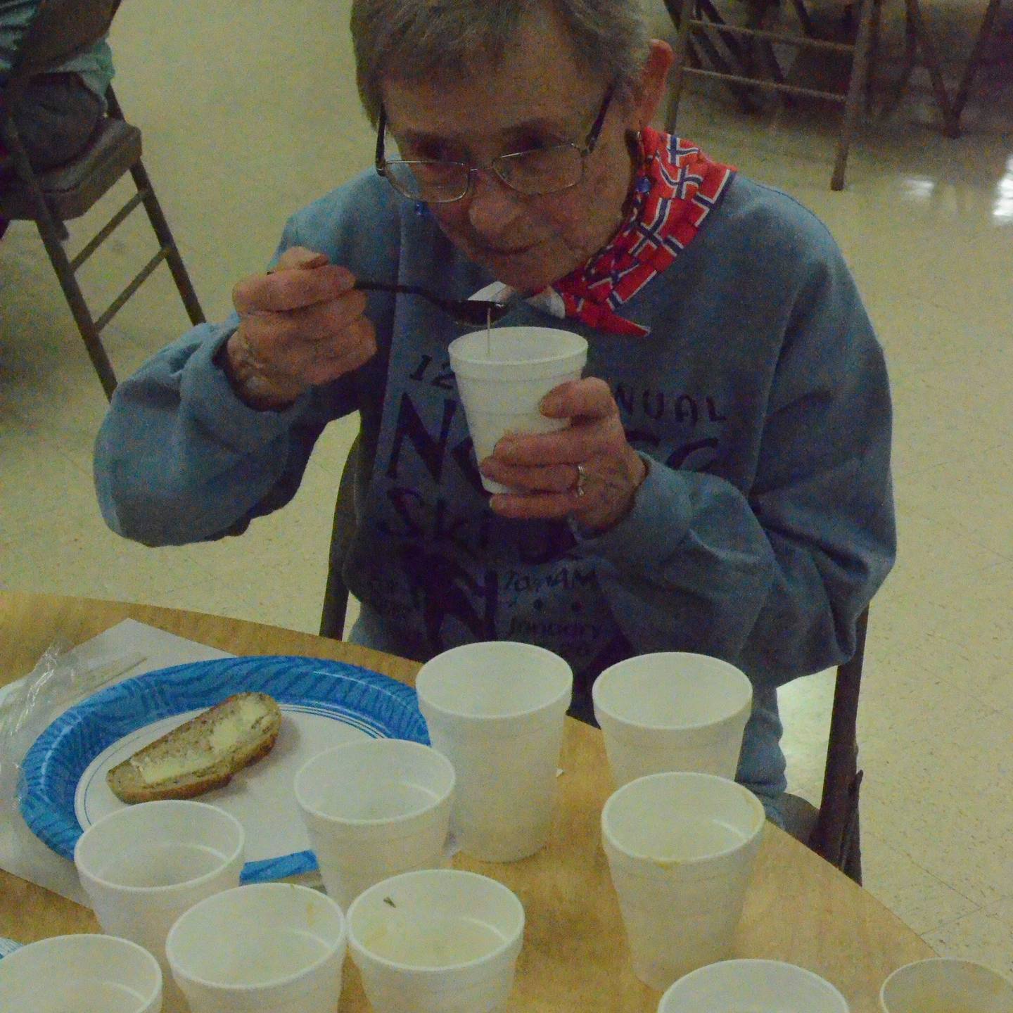 Nancy Andersen of St. Charles samples one of 11 Norwegian soups entered in the Norwegian Soup Contest hosted by the Sons of Norway in Montgomery on Feb. 2, 2025.