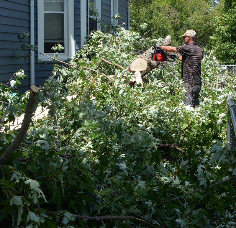 Al Detig, 62, of Dixon, uses a chain saw to cut up a tree felled during Friday's storm. Detig, who owns a construction company, and his helper.Dakota Murtha, 27, also of Dixon, volunteered to help clear debris storm damaged area.