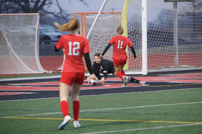 Marion Central's Anna Lingle stops a goal attempt by Huntley on Wednesday March 22, 2023 in Huntley.