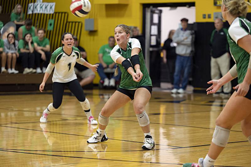 Rock Falls’ Sophia Moeller makes a pass against Oregon Tuesday, Oct. 24, 2023 at the Riverdale volleyball regional.