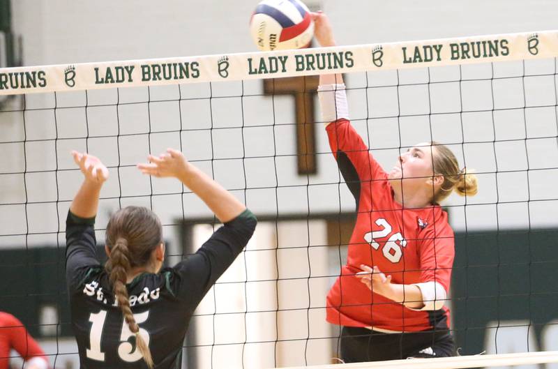 Henry-Senachwine's Brooklyn Thompson spikes the ball past St. Bede's Jillian Pinter during the Class 1A Regional final game on Thursday, Oct. 31, 2024 at St. Bede Academy.