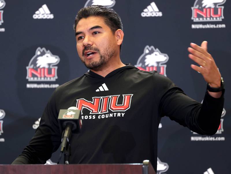 Juan Carrillo, women’s cross country head coach at Northern Illinois University, speaks Wednesday, Aug. 13, 2025, during the NIU fall sports media day in the Yordon Center at NIU in DeKalb.