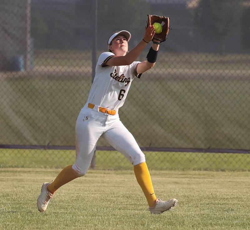 Sterling's Olivia Melcher makes a running catch during their Class 3A sectional championship game against Sycamore Friday, June 2, 2023, at Belvidere North High School.