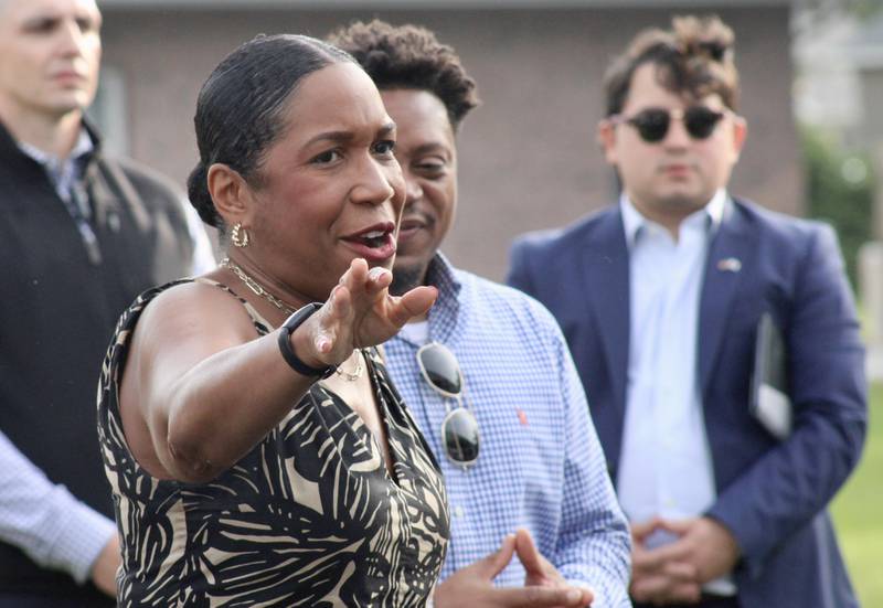 Lt. Gov. Juliana Stratton makes a point about improvements in education during a campaign stop on Sunday at the Whiteside County Democratic Headquarters in Rock Falls.