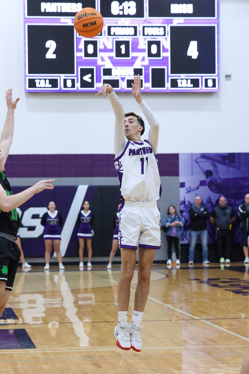 Manteno's Braden Campbell shoots a 3-pointer during Bishop McNamara's 61-24 victory over Manteno on Tuesday, Jan. 13, 2026.