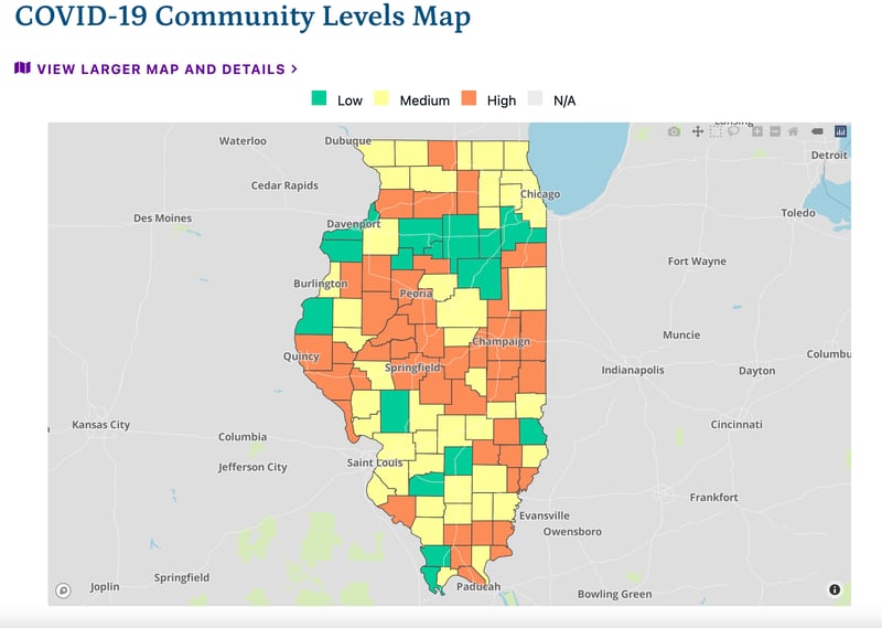 The latest COVID-19 community levels map for Illinois as of Friday, December 16, 2022, from the Illinois Department of Public Health