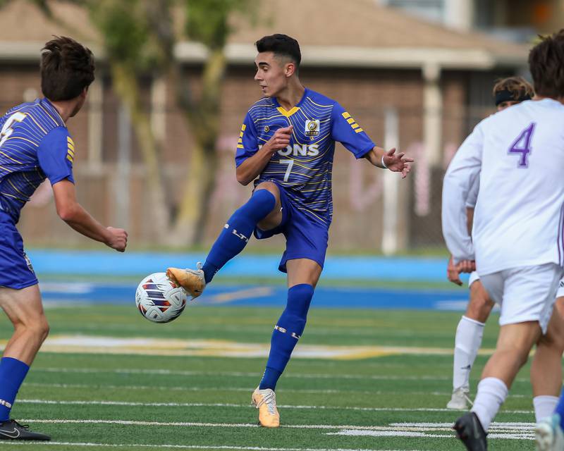 Lyons Mason Burda (7) handles the ball during Class 3A Lyons Regional final soccer match.  Oct 21, 2023.