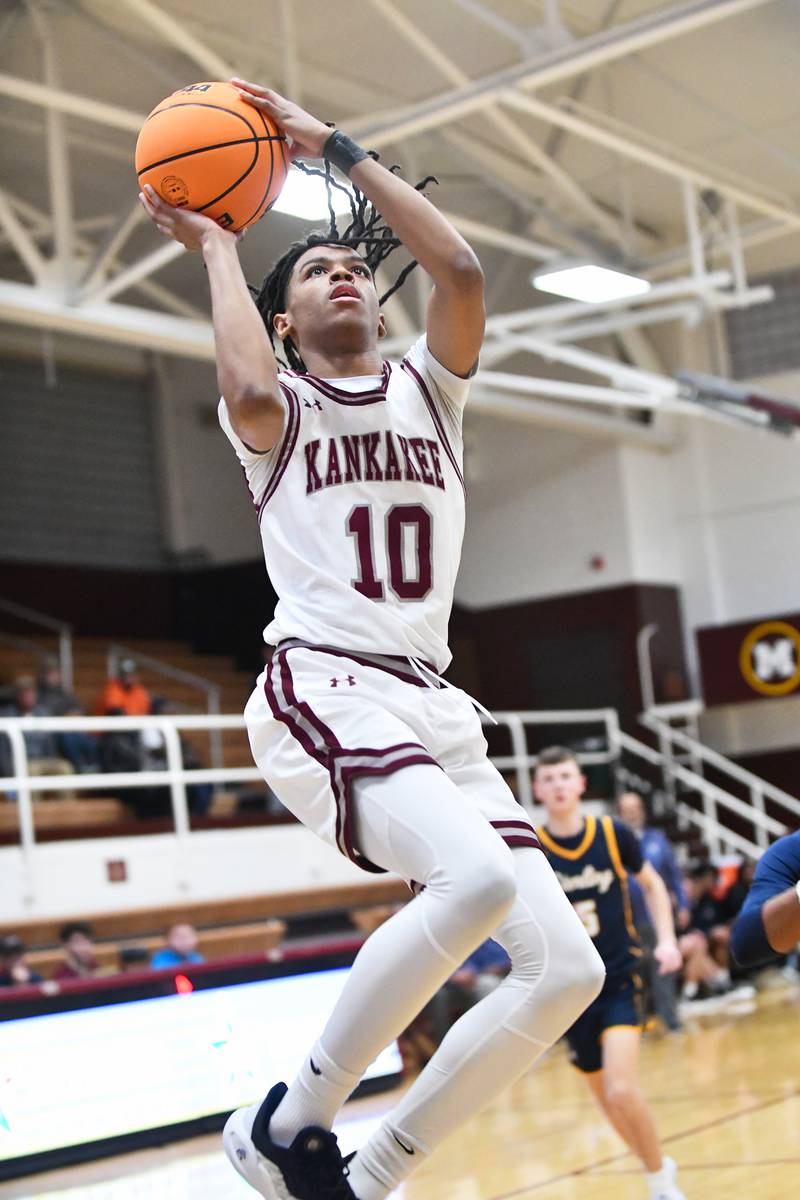 Kankakee's Kenaz Jackson Jr. maneuvers for a layup during the Kays' 85-50 victory over Sterling in the IHSA Class 3A Morris Regional championship on Friday, Feb. 28.