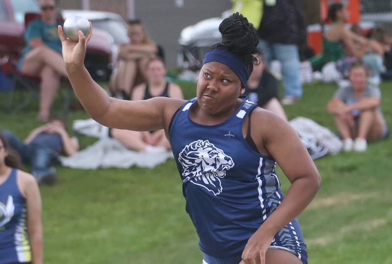 Lisle's Keshawnna Lucas competes in the shot put during the Class 1A Sectional track meet on Thursday, May 15, 2025 at Seneca High School.