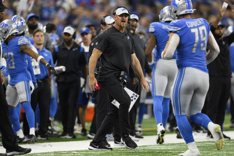 Detroit Lions head coach Dan Campbell on the sidelines during an NFL football game against the Indianapolis Colts, Saturday, Aug. 20, 2022, in Indianapolis. (AP Photo/Zach Bolinger)