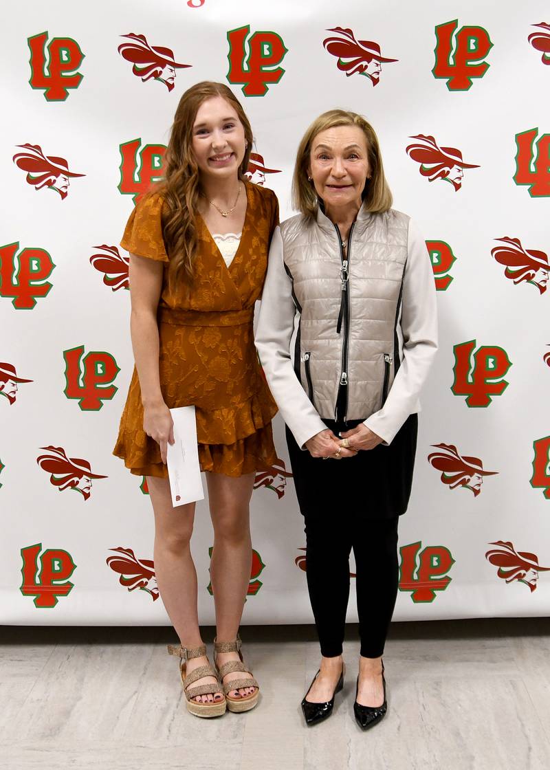 Serena Ries (left) received the Linda Levine Memorial Scholarship. This $2,000 scholarship is awarded to a female senior at La Salle-Peru High School who plans to pursue a degree in business. The scholarship was awarded by Ronnie Uebel (right), sister of Linda Levine.