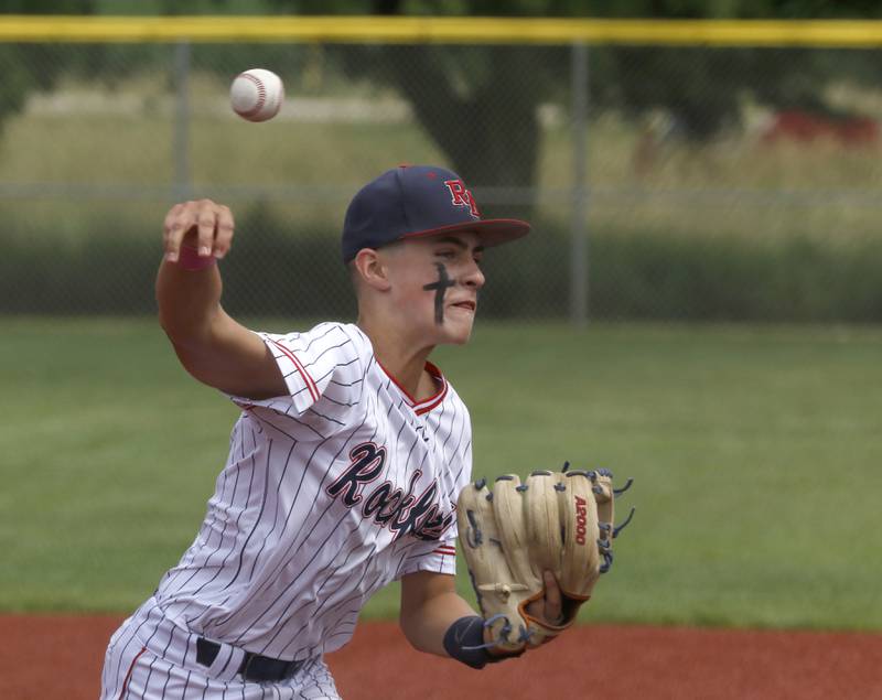 Made Jackson of the RBA Lampl team from Rockford, throws a pitch during a game against the Canes in the opening round of the Under 13 McHenry County Youth Sports Association’s Summer International Championship baseball tournament on Friday, July 11, 2025, at the Mickey Sund Baseball Complex in Crystal Lake's Lippold Park.