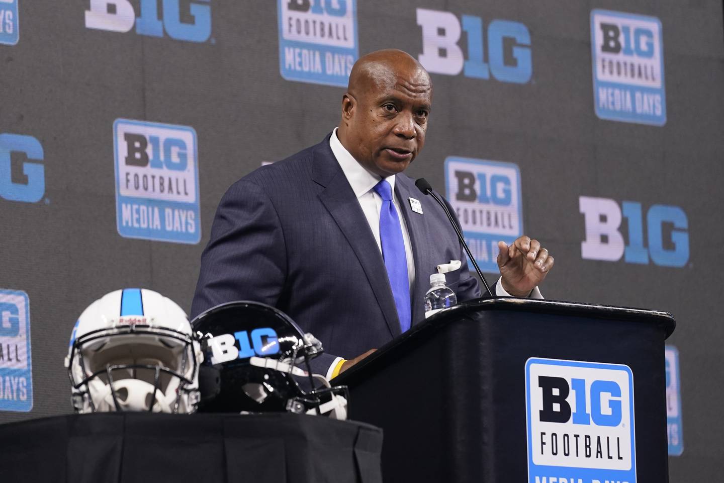 Big Ten Commissioner Kevin Warren talks to reporters during the Big Ten Conference media days for the 2022 football season, at Lucas Oil Stadium, Tuesday, July 26, 2022, in Indianapolis.
