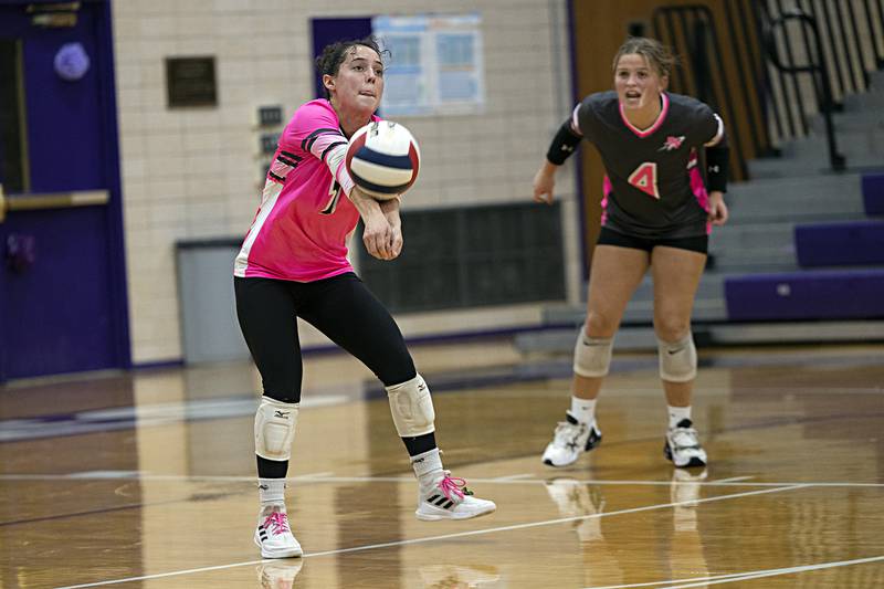 Rock Falls’ Carli Kobbeman passes the ball against Dixon Thursday, Oct. 12, 2023 at Dixon High School.