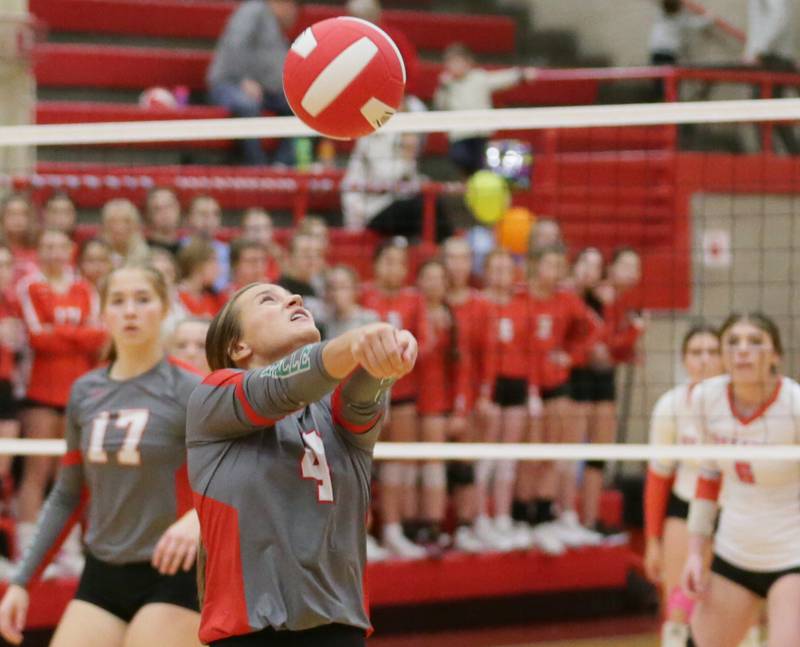 L-P's Brooklyn Ficek (4) hits the ball against Ottawa on Tuesday, Oct. 18, 2022 at Kingman Gymnasium in Ottawa.