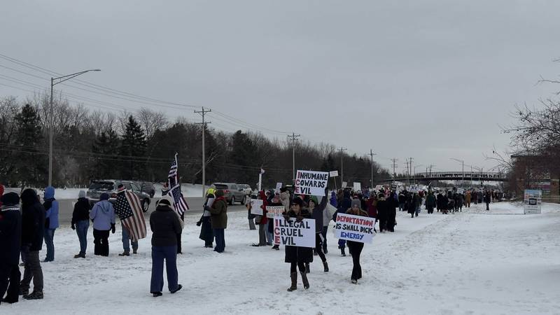 People at a rally in South Elgin on Sunday, Jan. 25, 2026, protest over a second fatal shooting in Minneapolis by federal immigration authorities.