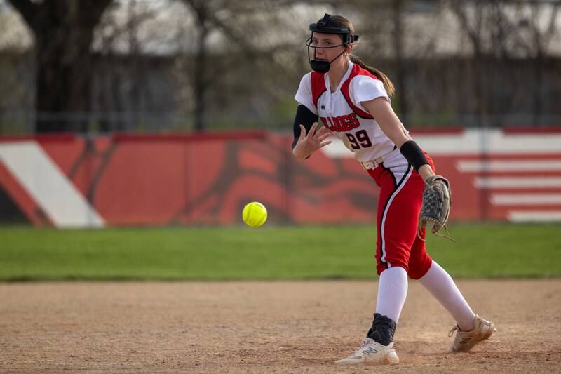 Makenna Ondrey (99) of Streator pitches on Wednesday, April 16, 2025 at Streator High School in Streator.