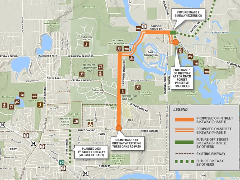 A map of the on and off-street bike paths that would comprise the Rawson Bridge Bikeway Project. Public works officials at the village of Cary planned to submit a grant proposal for the bikeway by Friday, Sept. 30, 2022.