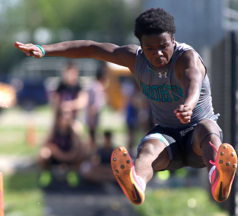 Woodstock North’s  Sean Mitchell  competes in the long jump in KRC Conference Track Meet action at Richmond-Burton High School in Richmond on Tuesday, May 13, 2025.