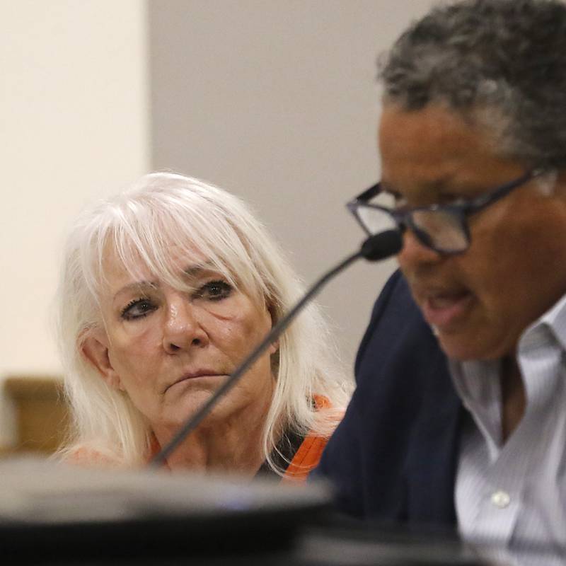 Linda La Roche listens as her attorney Laura Walker delivers her closing argument during a hearing for a new trial on Feb. 26, 2024. La Roche was found guilty in March of 2022 for the murder of Peggy Lynn Johnson-Schroeder in 1999 and for concealing her corpse.