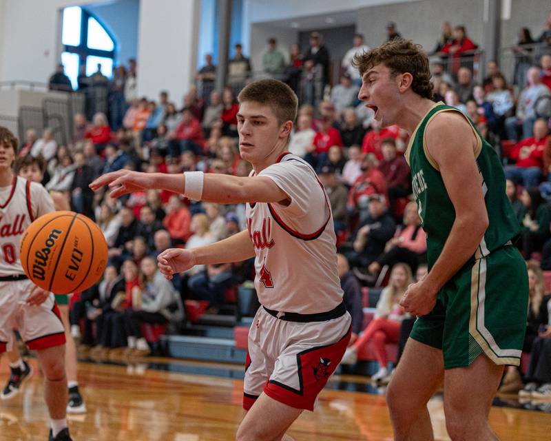 St. Bede's Gino Ferrari (4) yells at Hall's Luke Bryant (4) after scoring on Saturday, January 31, 2026 at Hall High School in Spring Valley.