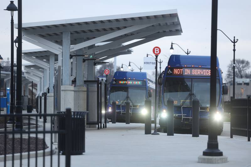 Several Pace buses sit at the Joliet Gateway Center on Wednesday, Jan. 3rd, 2024 in Joliet.