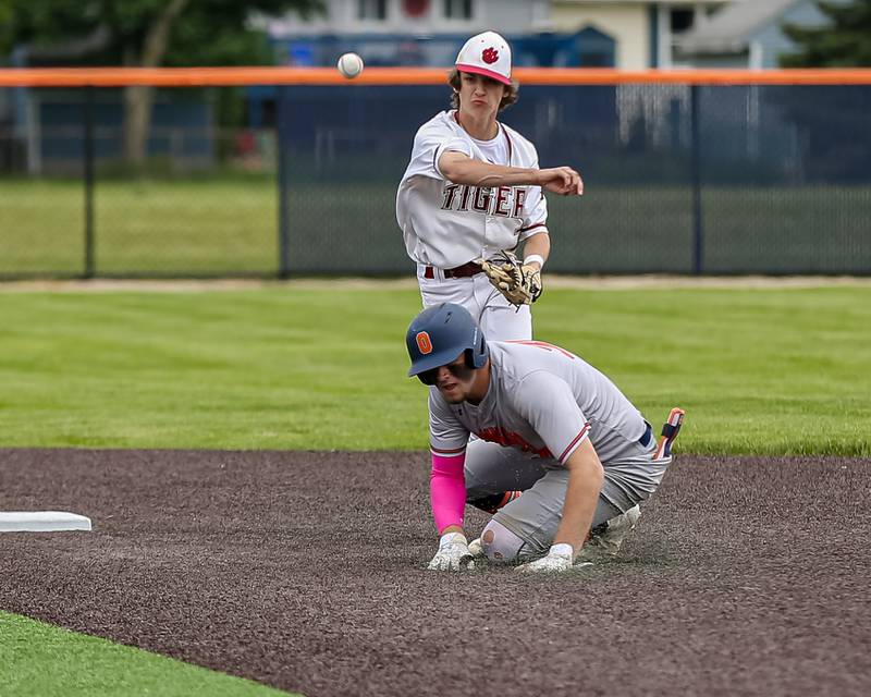 Plainfield North's Ryan Nelson (5) avoids the slide and throws to first base during the Class 4A Romeoville Sectional final game between Plainfield North at Oswego.  June 4, 2022.