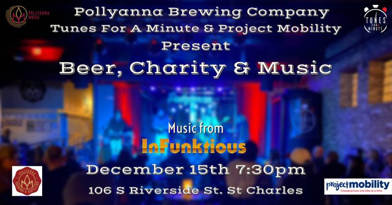 Pollyanna Brewing & Distilling in downtown St. Charles is hosting the first in a series of “Beer, Charity, and Music” events at 7:30 p.m. Dec. 15, 2023.