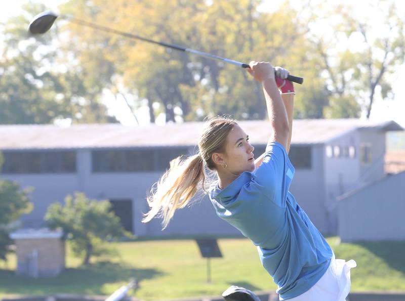 Marquette's Lillian Pollnow tees of during the Class 1A Regionals on Tuesday, Sept. 30, 2025 at Spring Creek Golf Course in Spring Valley.